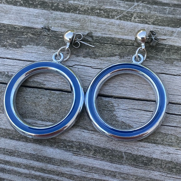 Vintage 80’s Circle Drop Earrings blue and silver tone lightweight - Picture 1 of 7